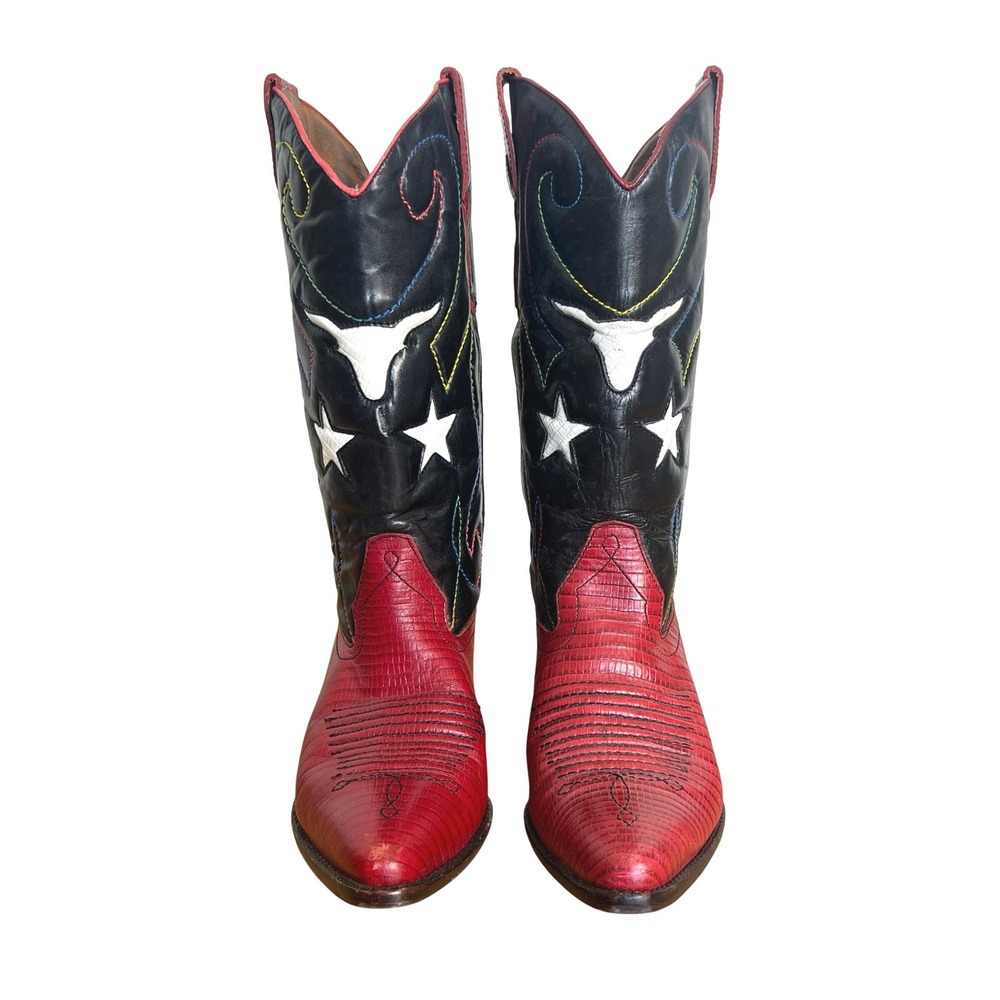 Nine West Red and Black Western Cowboy Boots with White Star Appliqués - Picture 2 of 14